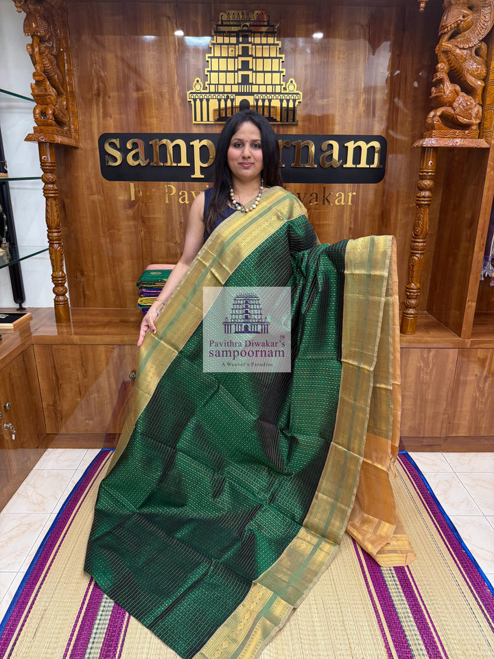 Dark Green with Beige , Zari Lakshadeepam Silk Cotton Saree