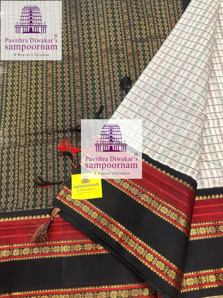 White with Black  , Lakshadeepam Thread Work in the Body, traditional borders and rich Pallu Korvai Silk Cotton saree