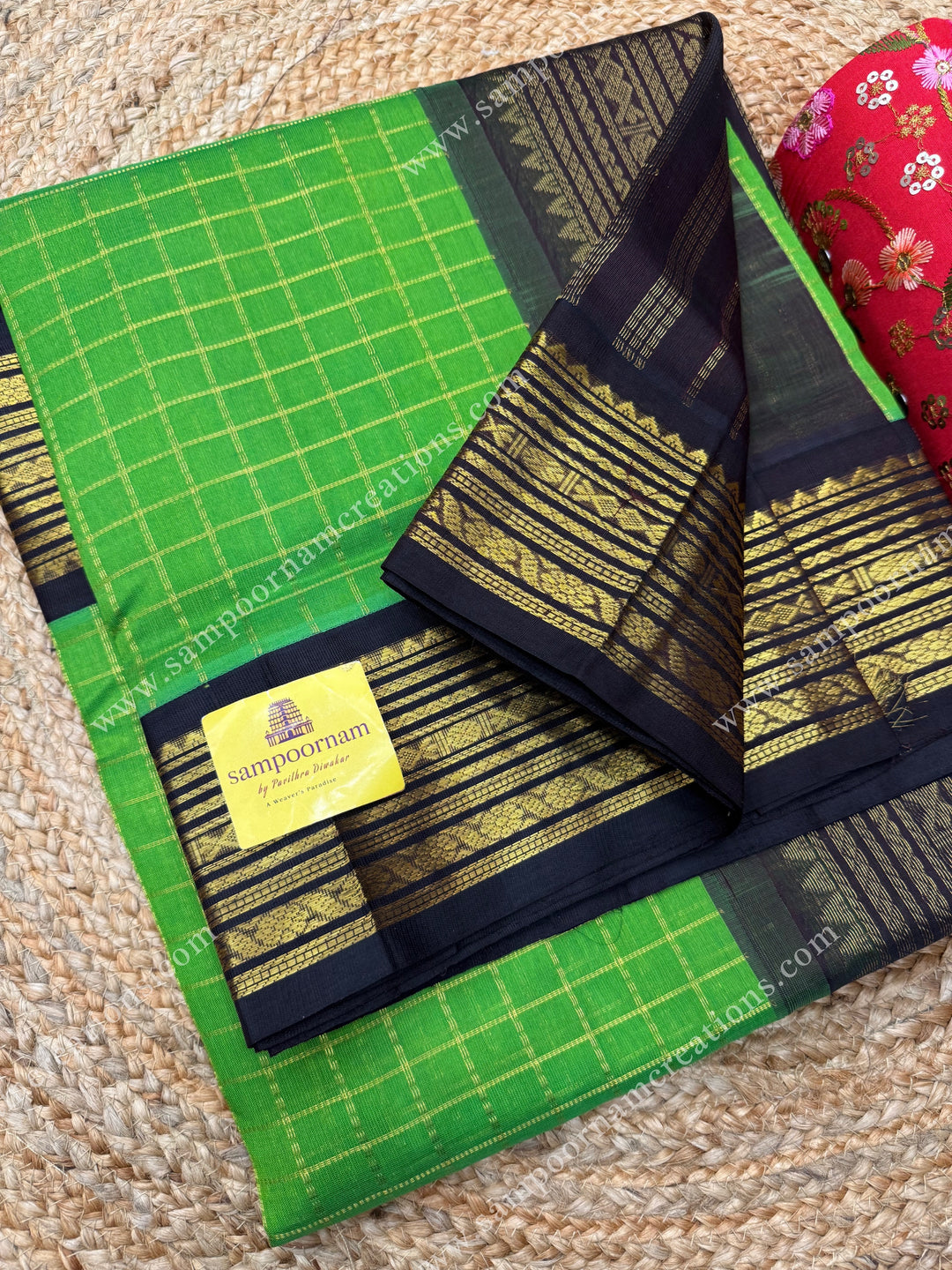 Kili Pachai with Brown , Rich Zari checks in the body and traditional borders ,  grand Pallu Korvai Silk Cotton Saree