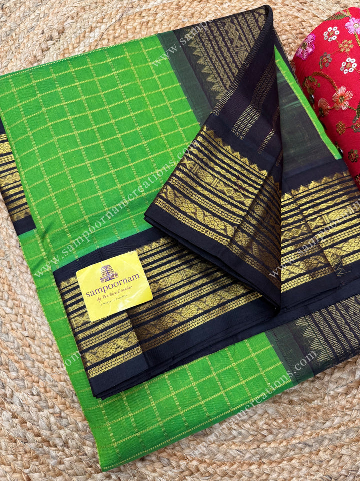 Kili Pachai with Brown , Rich Zari checks in the body and traditional borders ,  grand Pallu Korvai Silk Cotton Saree