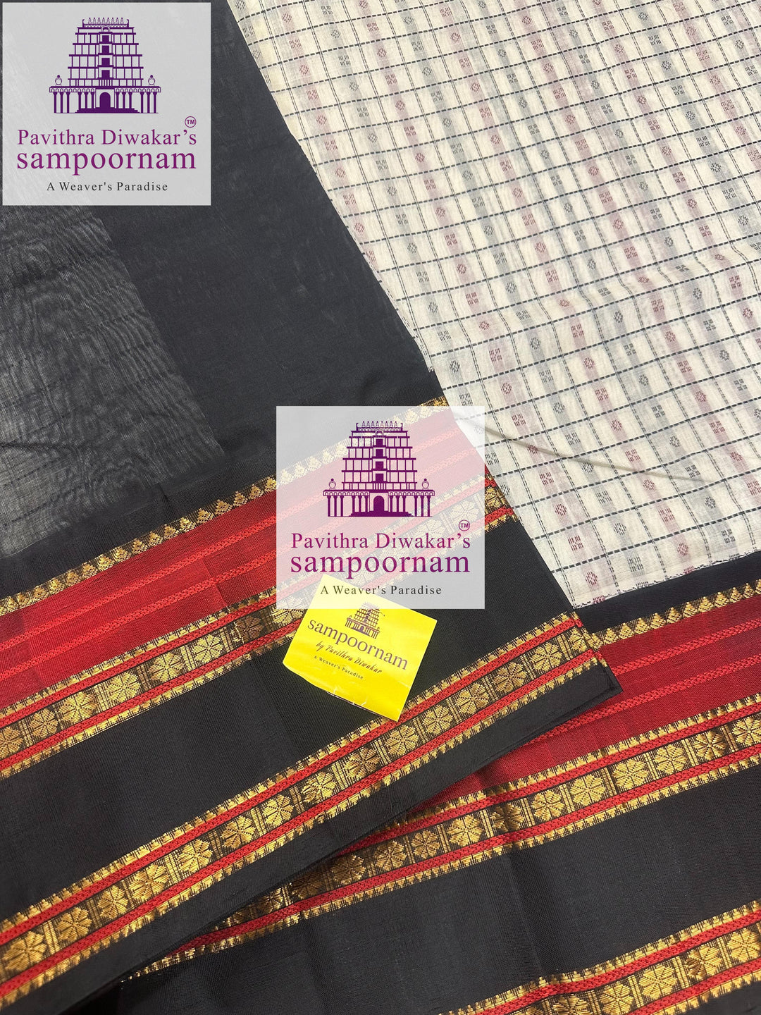White with Black  , Lakshadeepam Thread Work in the Body, traditional borders and rich Pallu Korvai Silk Cotton saree