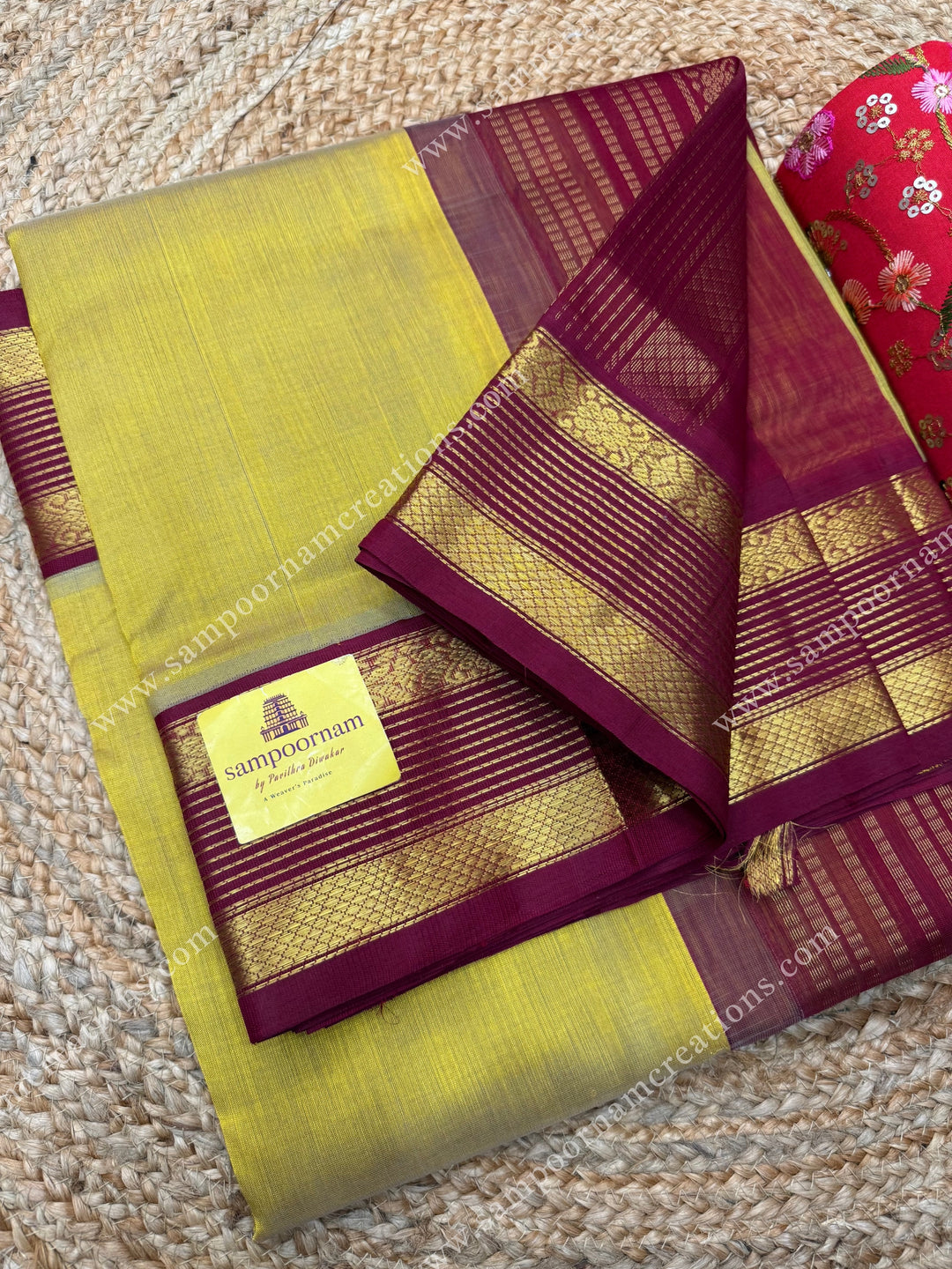 Double Shaded Gold with Maroon , traditional  borders and  Rich Pallu Korvai Silk Cotton Saree