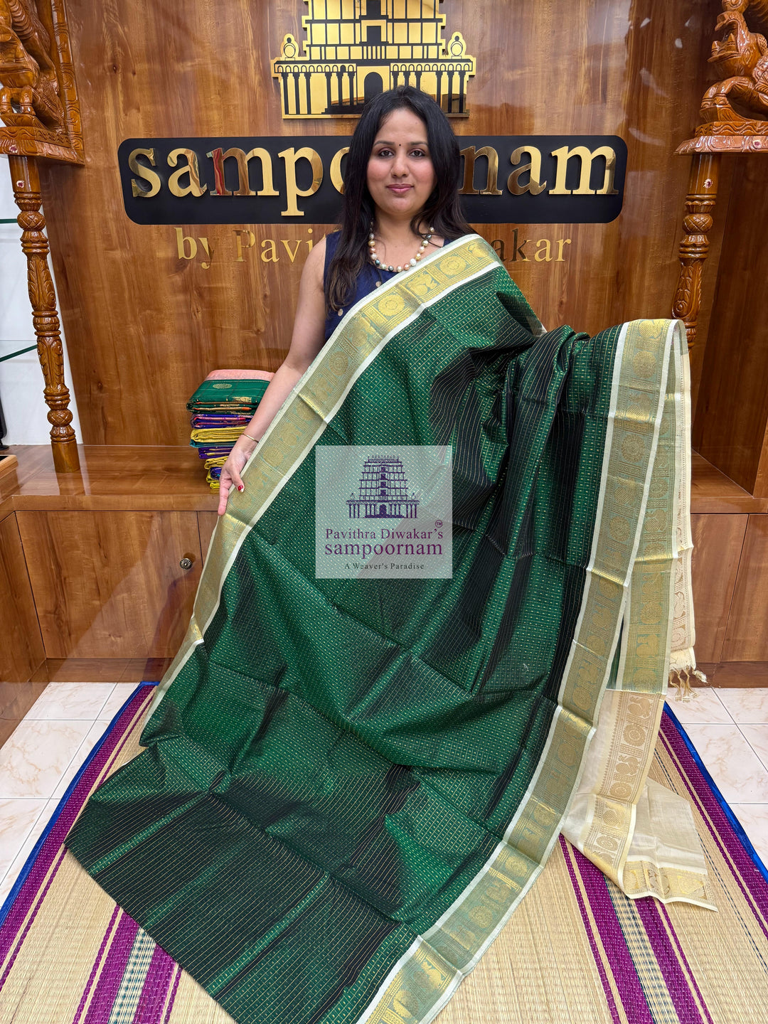 Dark Green with Off White , Zari Lakshadeepam Silk Cotton Saree