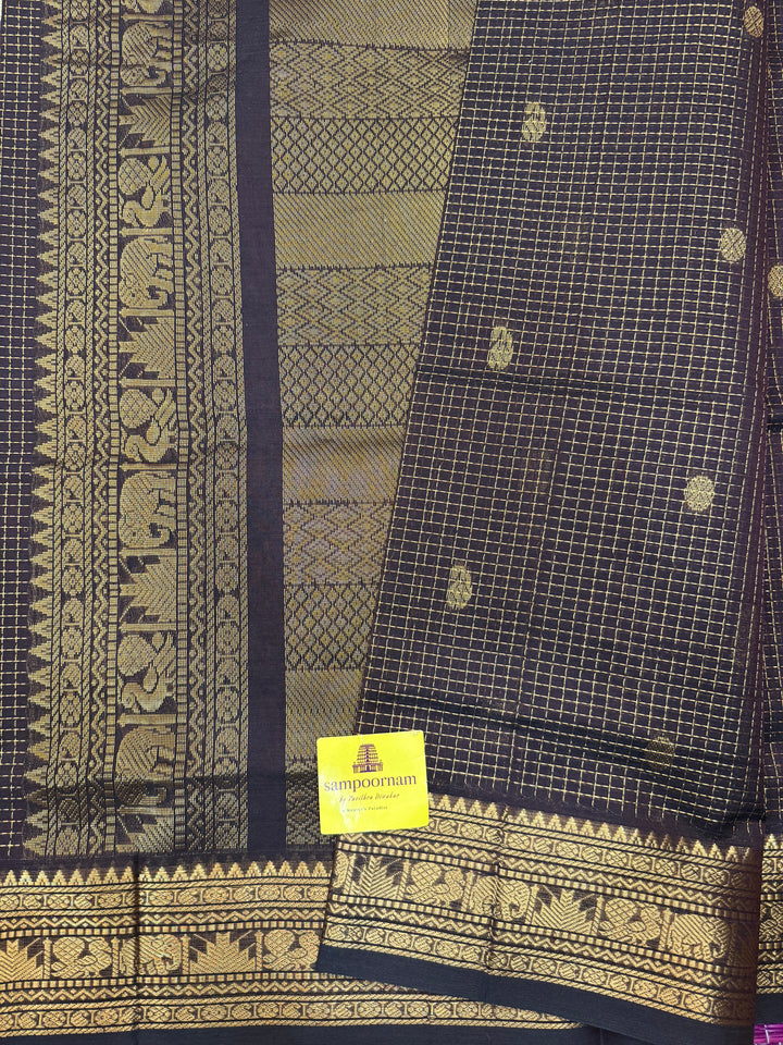 Dark Brown With Rich Zari Butta in the Body, Zari Kattam , Traditional Rich Borders and Rich Pallu Semi Silk Cotton Saree