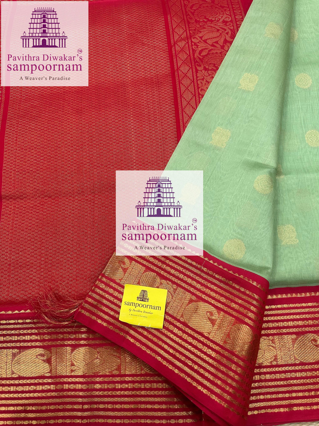 Pastel Green with Red , rich Zari butta in the body , traditional Kanchi borders and grand ,rich Zari butta in the body, traditional borders and rich Pallu Korvai Silk Cotton Sare
