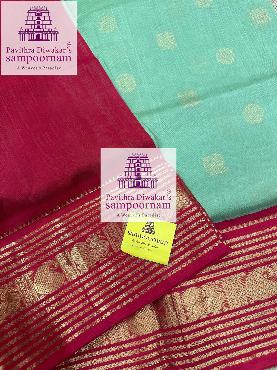Pastel Green with Red , rich Zari butta in the body , traditional Kanchi borders and grand ,rich Zari butta in the body, traditional borders and rich Pallu Korvai Silk Cotton Sare