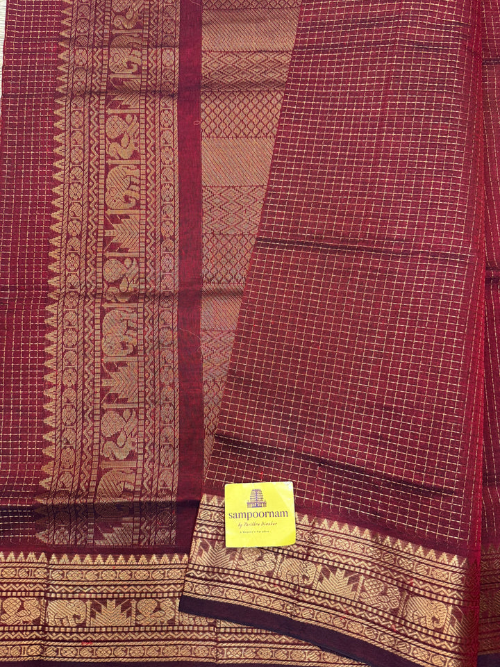 Dark Maroon Podi Kattam in the Body, traditional Borders and Rich Pallu Korvai Silk Cotton Saree