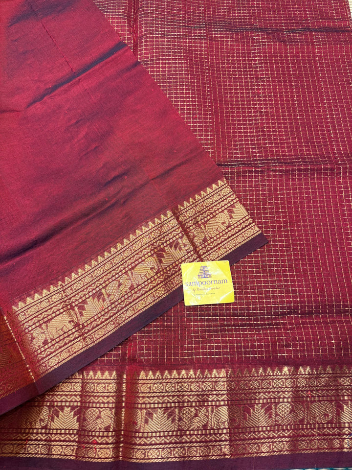 Dark Maroon Podi Kattam in the Body, traditional Borders and Rich Pallu Korvai Silk Cotton Saree
