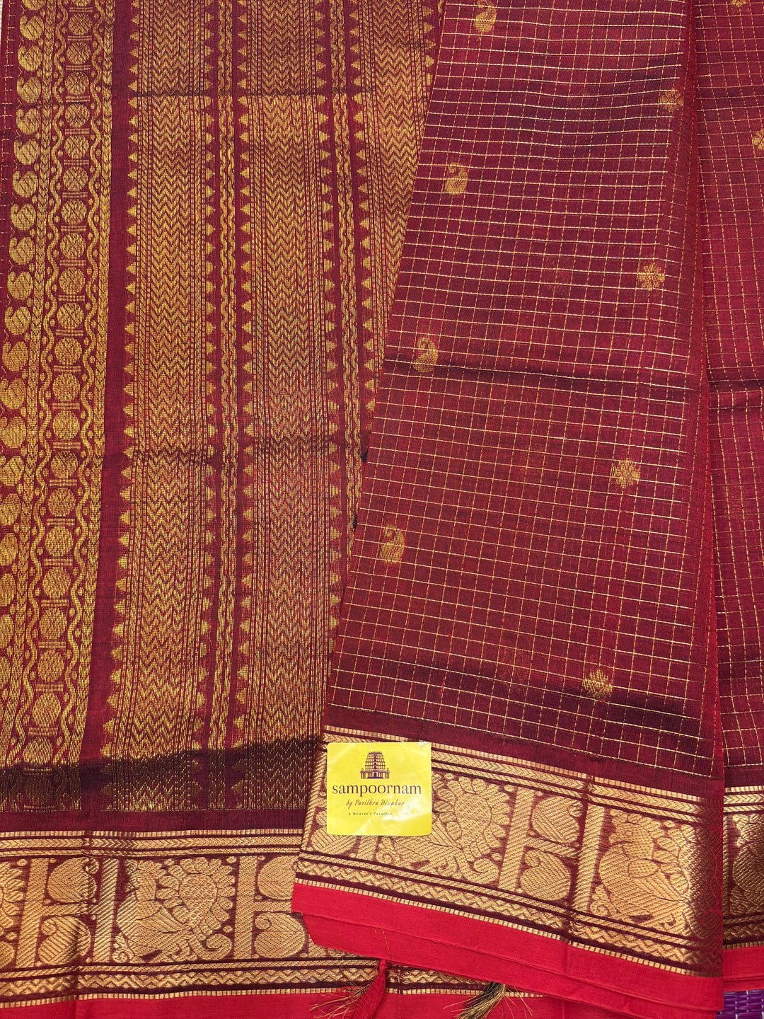 Dark Maroon with Red Selvedge,Podi Zari Kattam in the Body, Rich Butta, Traditional Borders and Rich Pallu Semi Silk Cotton Saree