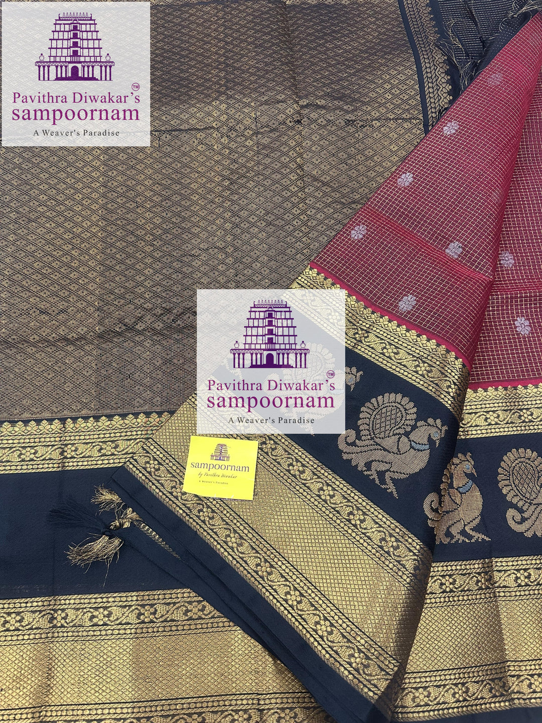 Maroon with Black ,  Zari Podi Kattam in the body , one side big Satin border with Annam motif , traditional border and rich Pallu Korvai Silk Cotton Saree