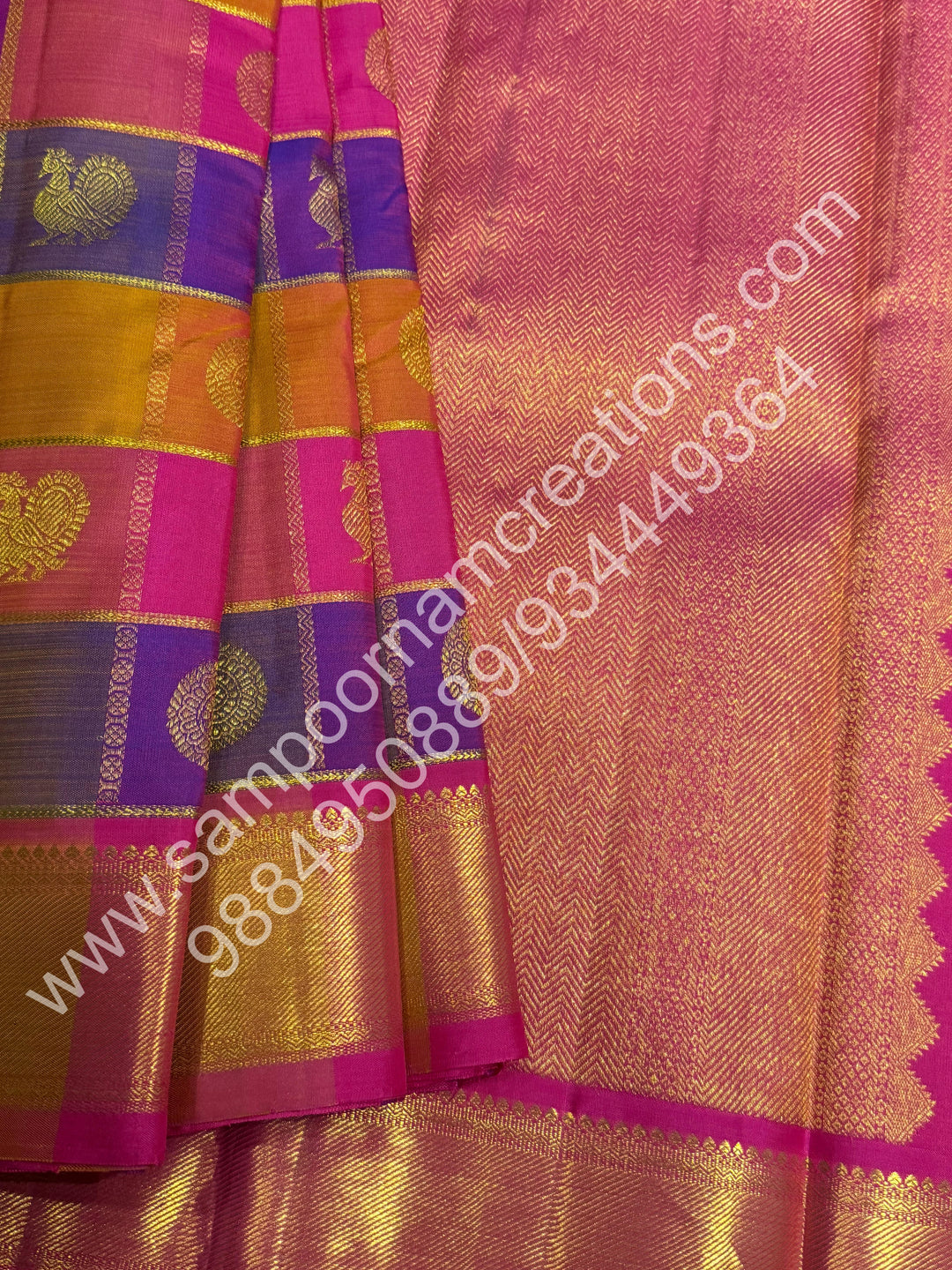 Pink , Purple , Mustard , Orange with Pink , Rich Mayil and Chakram  butta in the body with Zari checks , Traditional borders and Rich Pallu , Pure Kanjivaram Silk Saree