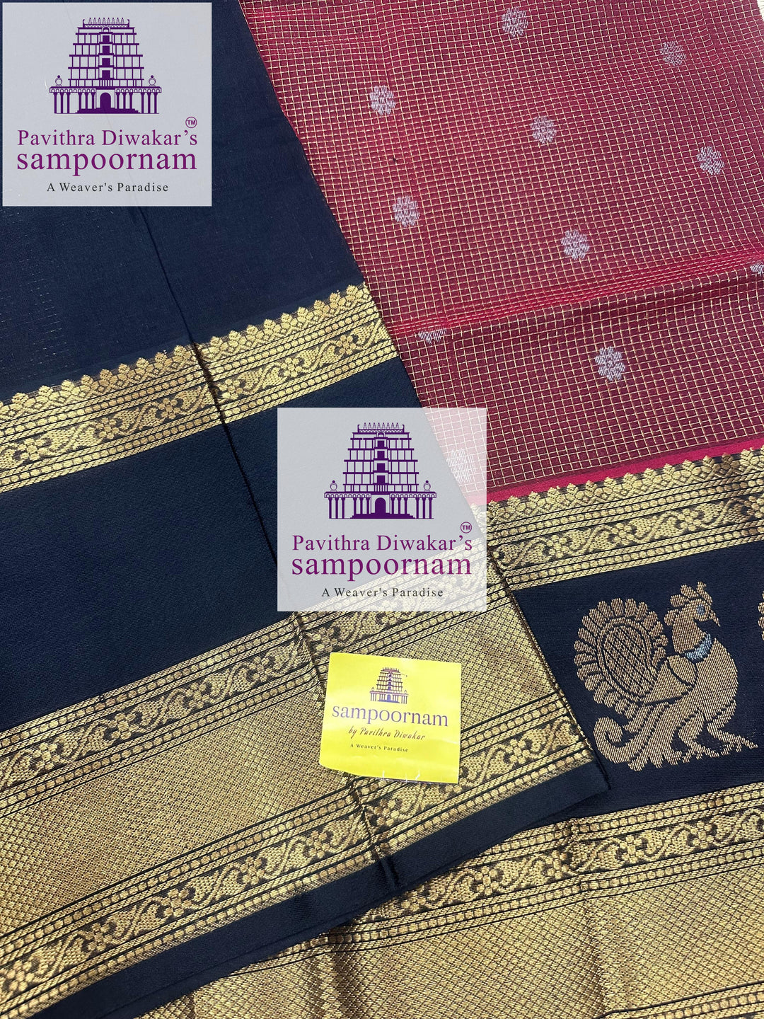 Maroon with Black ,  Zari Podi Kattam in the body , one side big Satin border with Annam motif , traditional border and rich Pallu Korvai Silk Cotton Saree