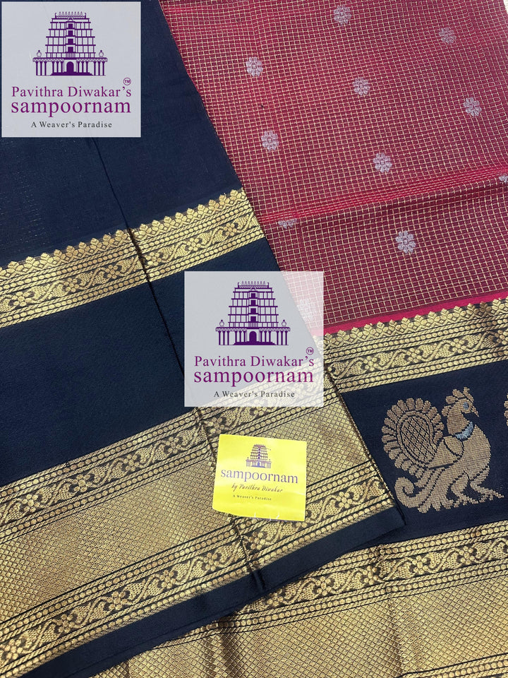 Maroon with Black ,  Zari Podi Kattam in the body , one side big Satin border with Annam motif , traditional border and rich Pallu Korvai Silk Cotton Saree