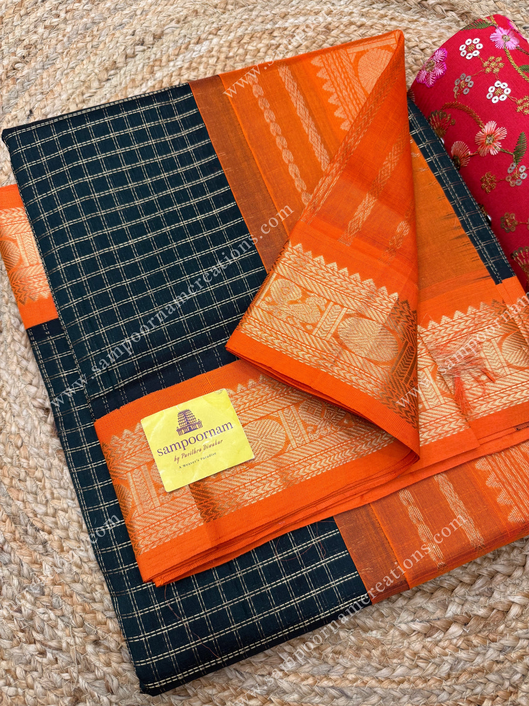Dark Green with Orange , Rich Zari checks in the body , traditional borders , grand Pallu Korvai Silk Cotton Saree
