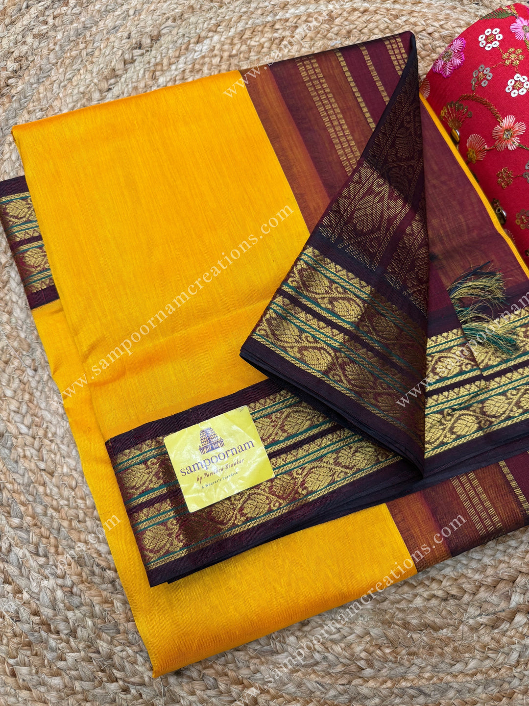 Mambazha Manjal with Arakku  , Traditional borders and Rich Pallu Korvai Silk Cotton Saree