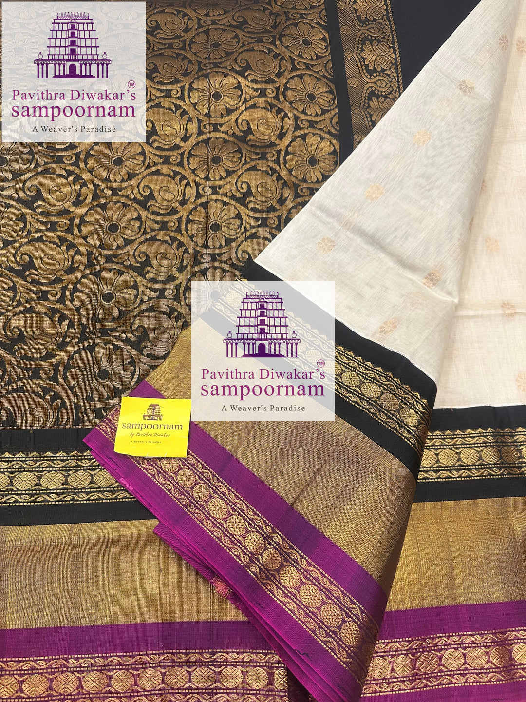 White with Black , triple one side big border , rich butta in the body and grand Pallu Korvai Silk Cotton Saree