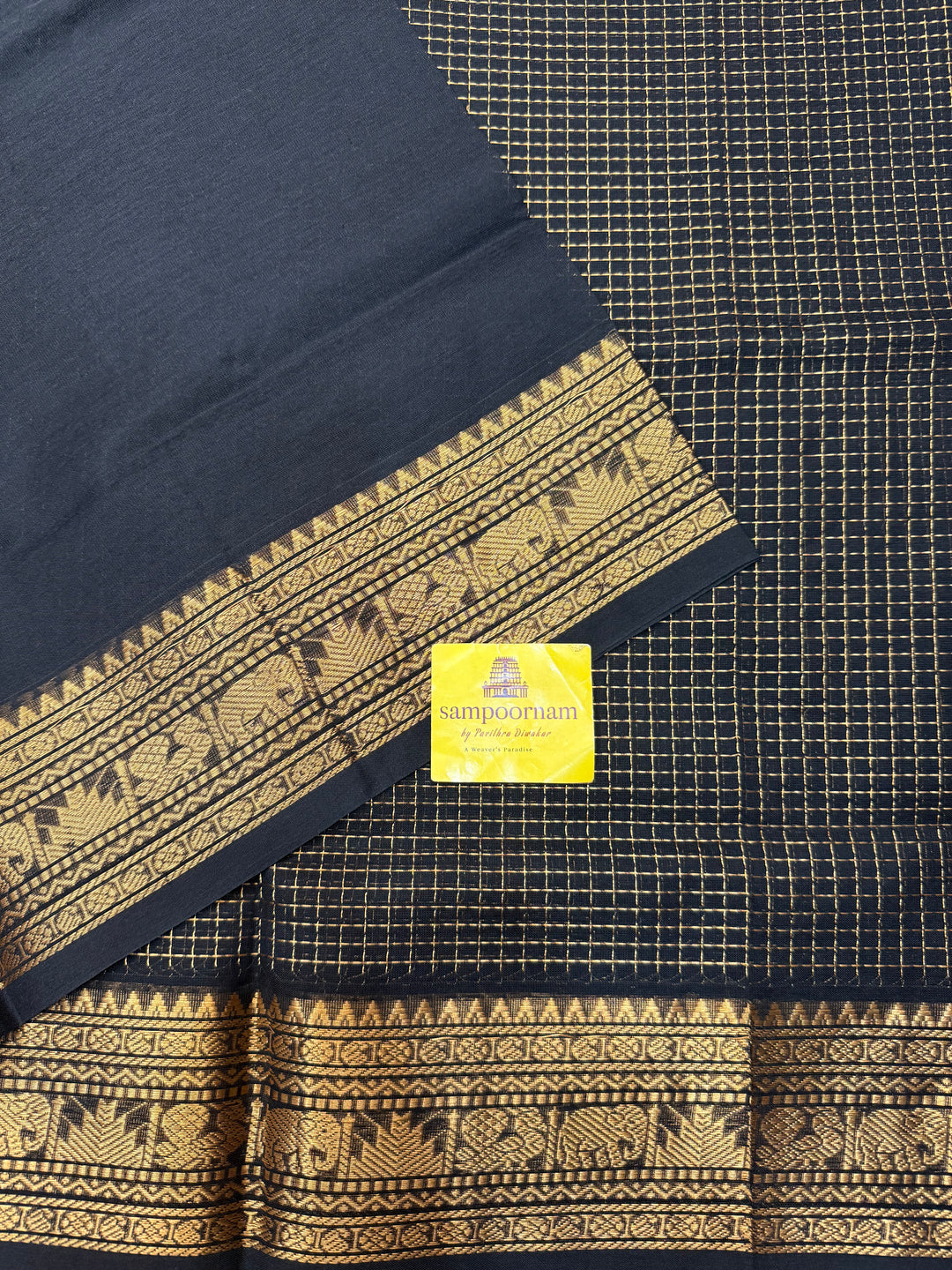Black, Podi Zari Kattam in the Body, Traditional Borders and Rich Pallu Semi Silk Cotton Saree