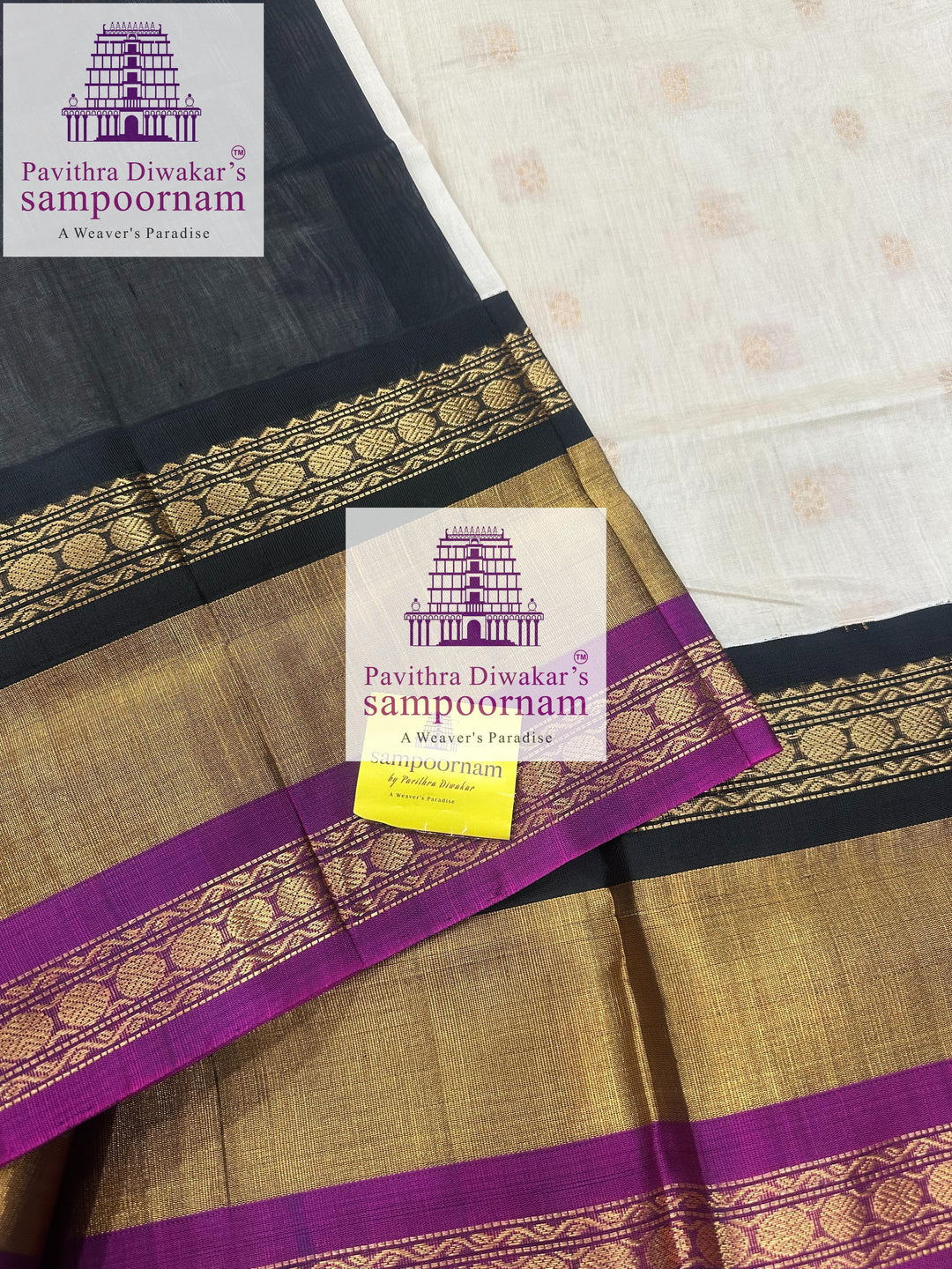 White with Black , triple one side big border , rich butta in the body and grand Pallu Korvai Silk Cotton Saree
