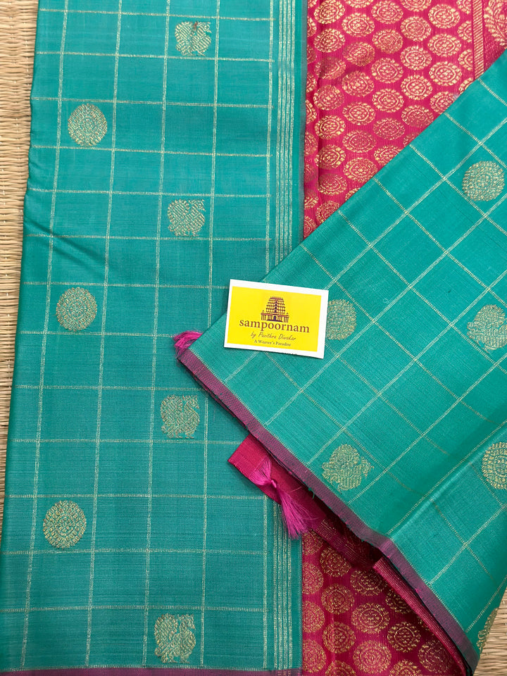 Sea Green with Pink Borderless Body Zari Checks with Mayil Chakram Butta and Rich Pallu- Pure silk Pure Zari Kanjivaram Silk Saree