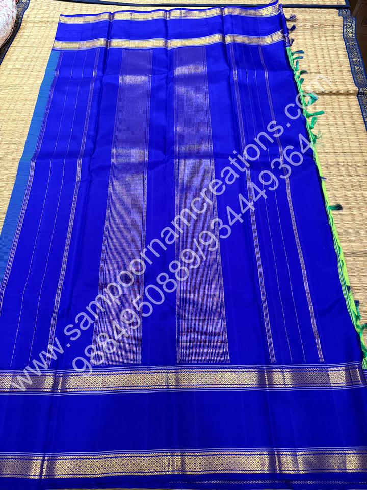 Parrot Green with Blue , rettapet  borders and Rich Pallu  Pure Kanjivaram Silk Saree
