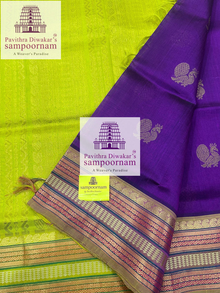 Purple with Lemon Yellow  , rich Zari butta in the body and Kanchi traditional borders and rich Pallu Korvai Silk Cotton Saree