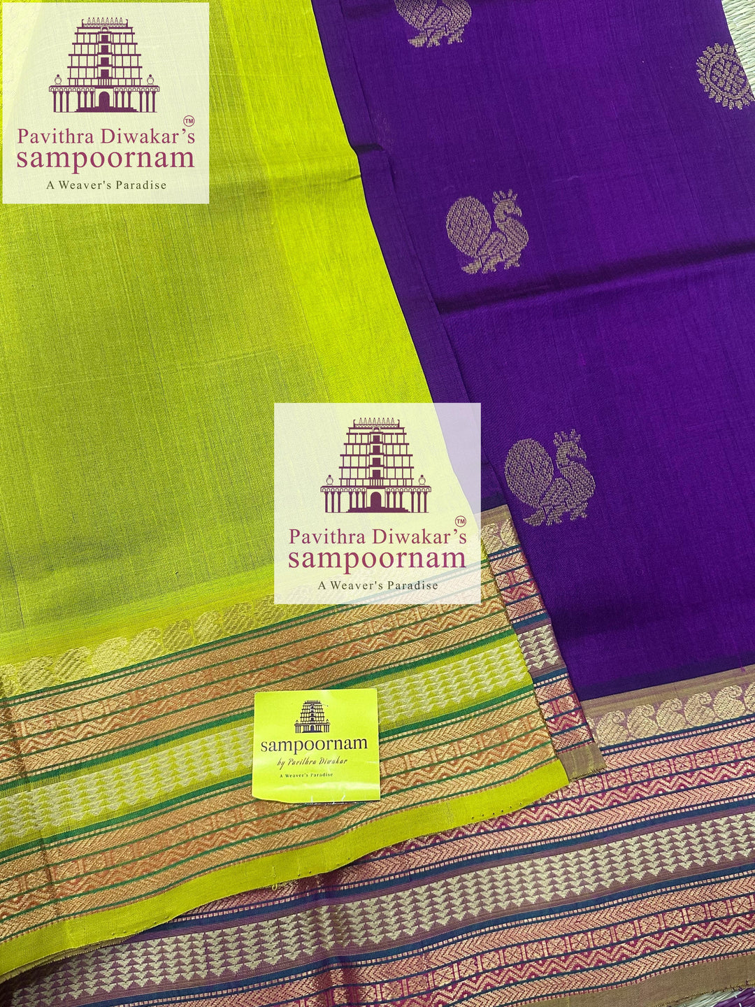 Purple with Lemon Yellow  , rich Zari butta in the body and Kanchi traditional borders and rich Pallu Korvai Silk Cotton Saree