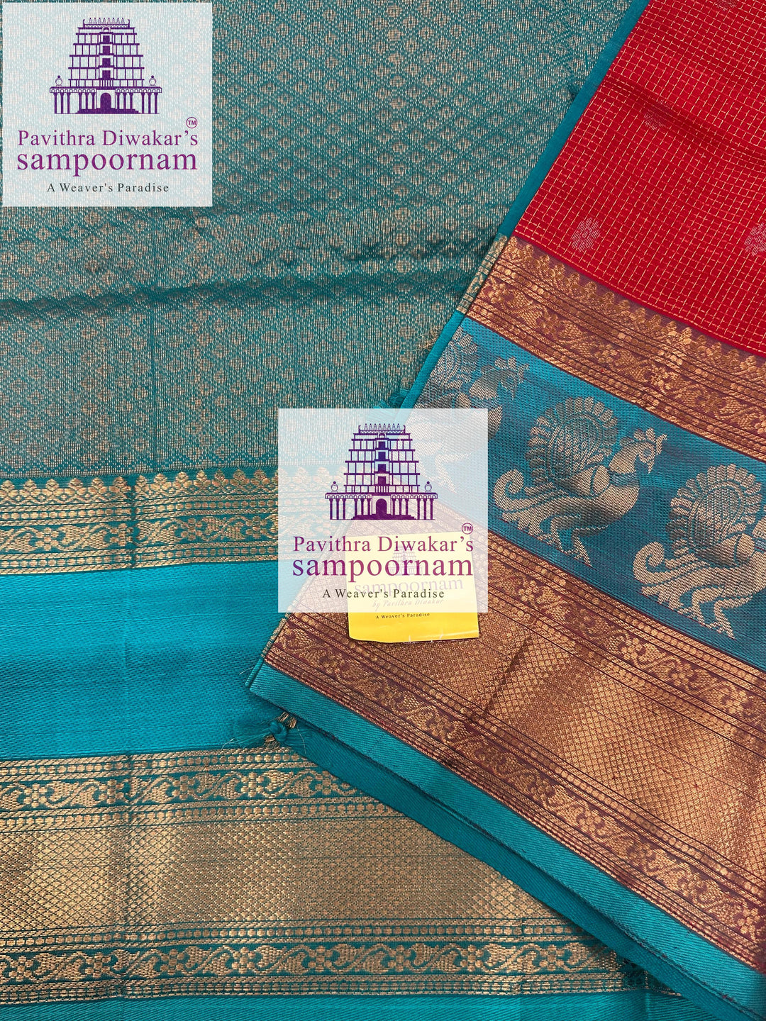 Red with Turquoise Blue , Zari Podi Kattam in the body , one side big Satin border with Annam motif , traditional border and rich Pallu Korvai Silk Cotton Saree