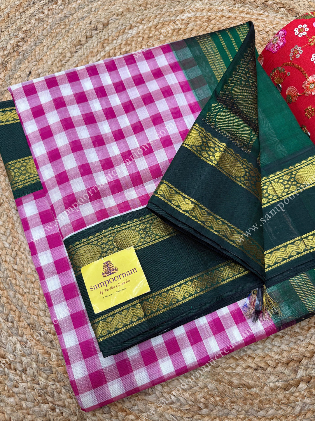 Pink , White with Green   , Pallum Pazham Kattam , Rettapet borders  and  rich Pallu Korvai Silk Cotton Saree