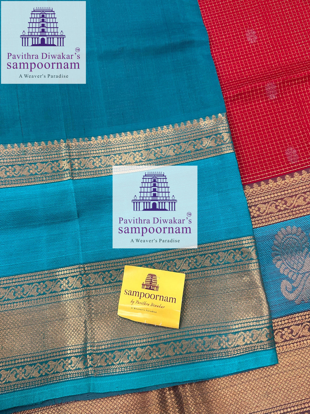 Red with Turquoise Blue , Zari Podi Kattam in the body , one side big Satin border with Annam motif , traditional border and rich Pallu Korvai Silk Cotton Saree