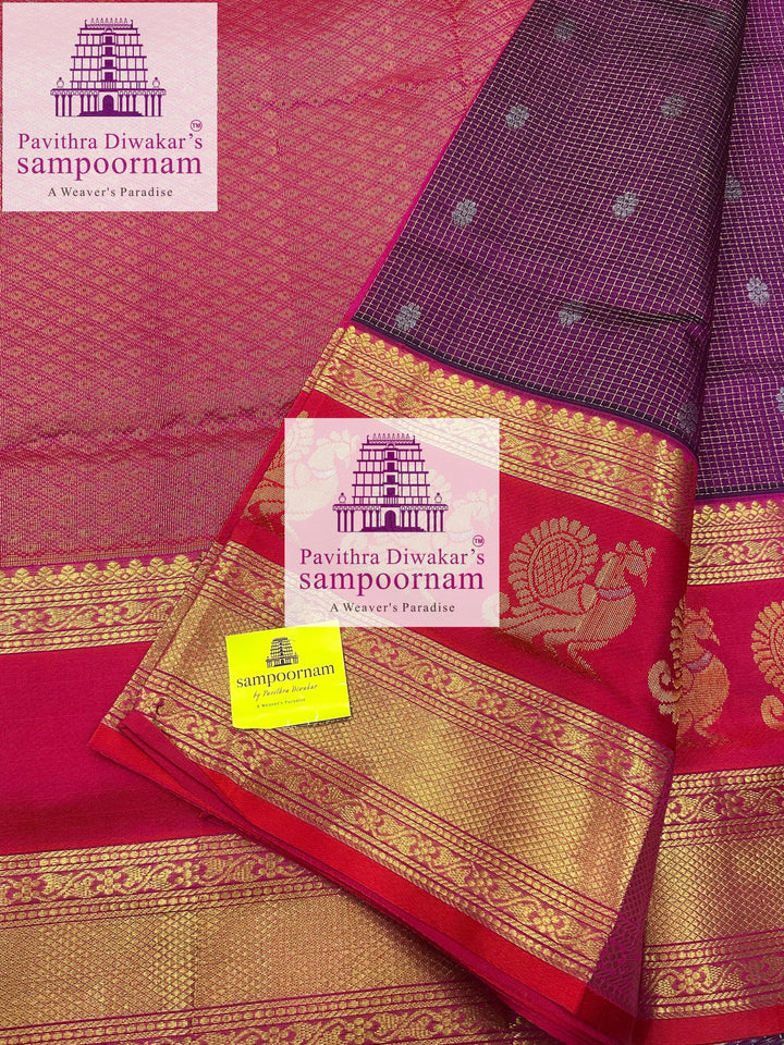 Purple with Pink , Zari Podi Kattam in the body , one side big Satin border with Annam motif , traditional border and rich Pallu Korvai Silk Cotton Saree