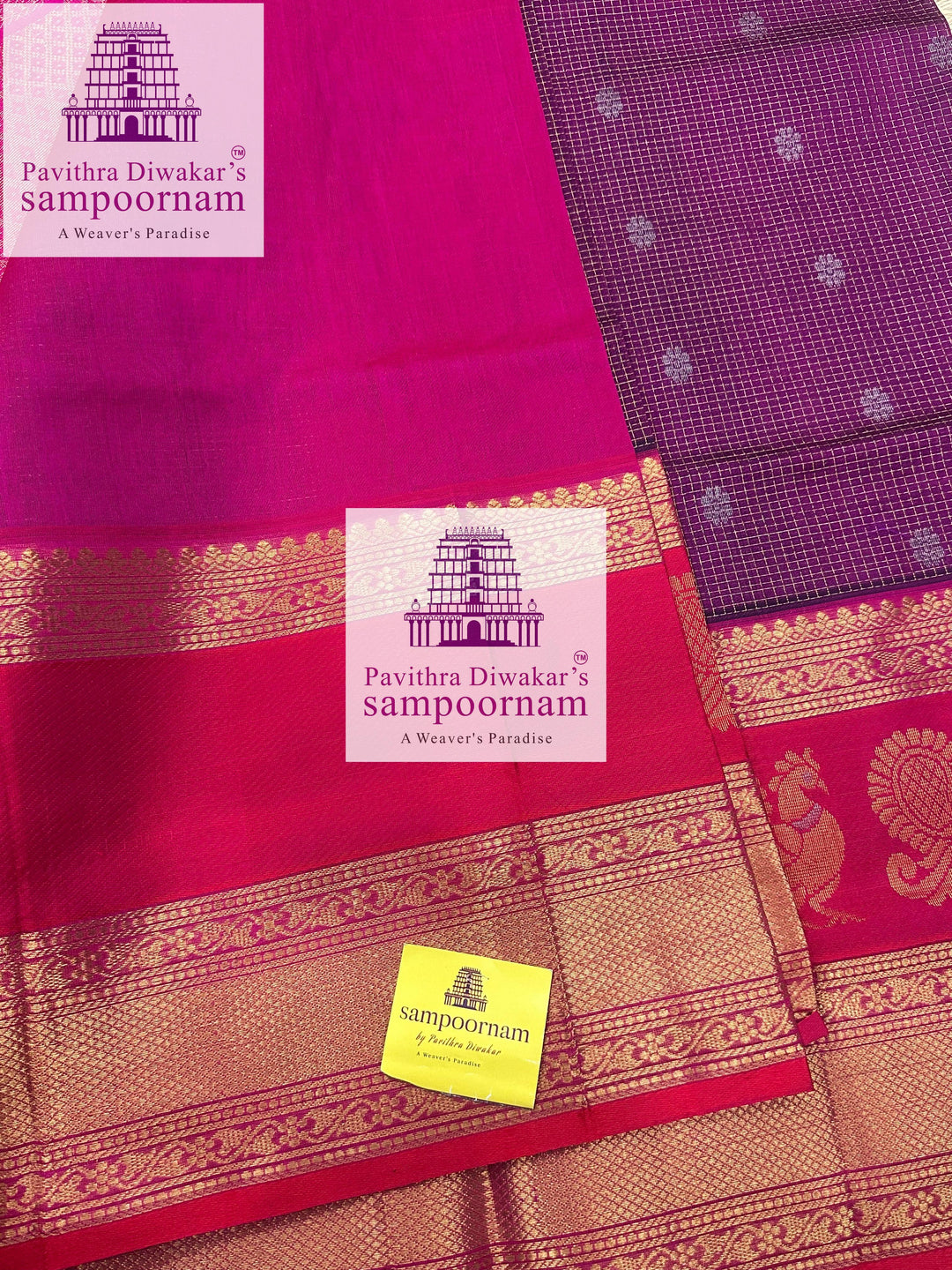 Purple with Pink , Zari Podi Kattam in the body , one side big Satin border with Annam motif , traditional border and rich Pallu Korvai Silk Cotton Saree