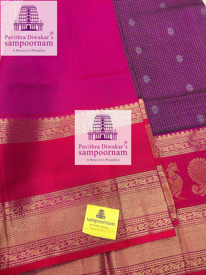 Purple with Pink , Zari Podi Kattam in the body , one side big Satin border with Annam motif , traditional border and rich Pallu Korvai Silk Cotton Saree