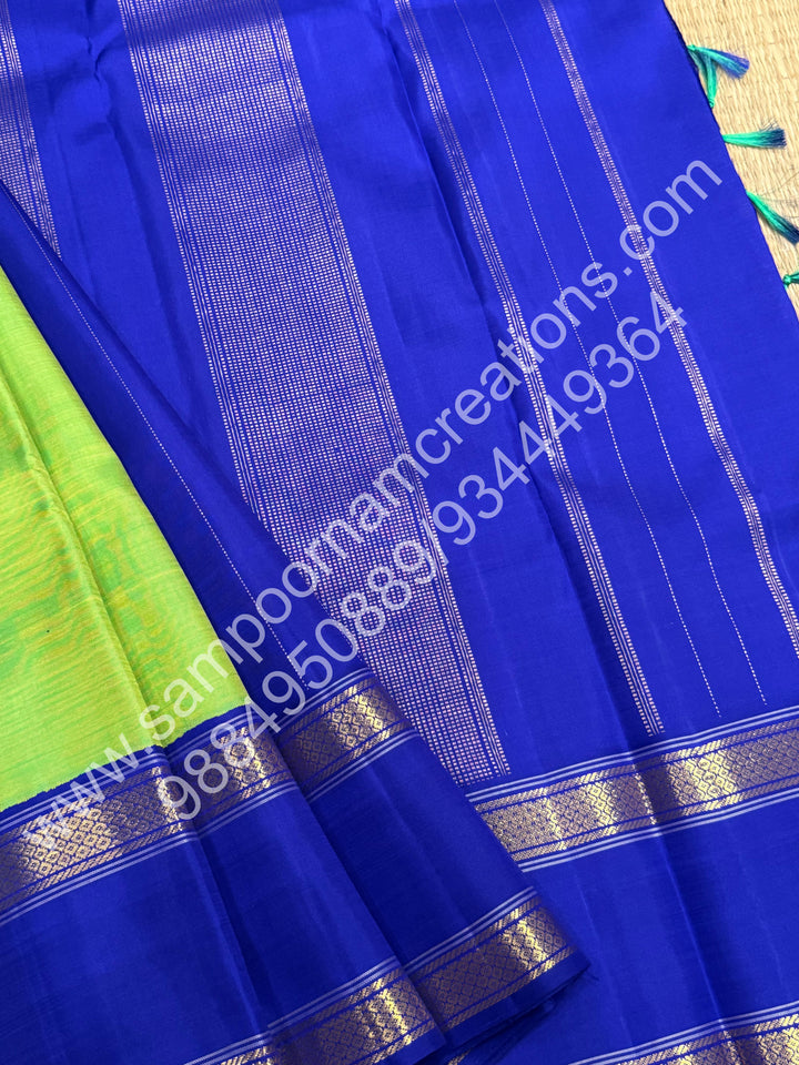 Parrot Green with Blue , rettapet  borders and Rich Pallu  Pure Kanjivaram Silk Saree