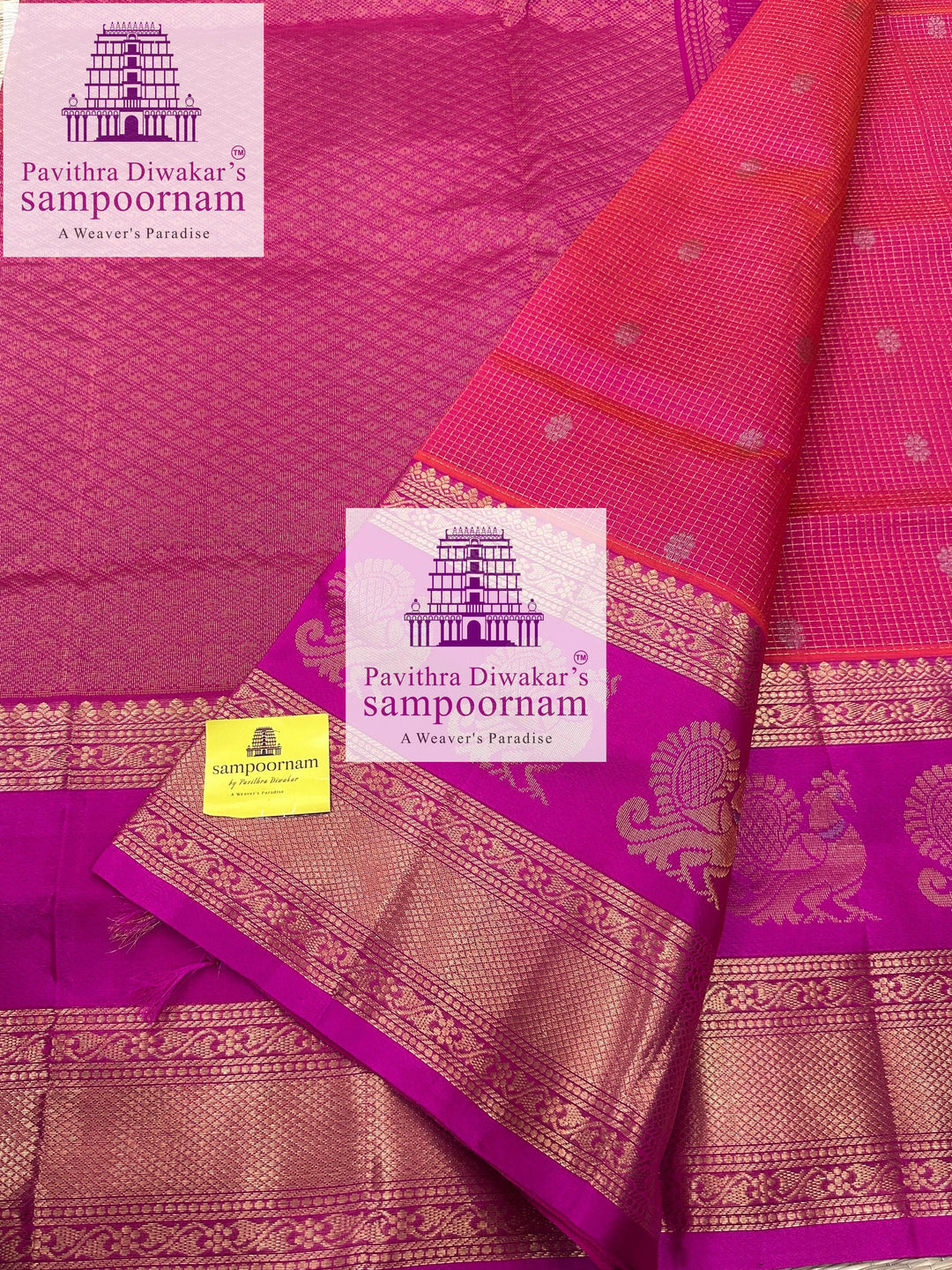Dark Pink with Pink Zari Podi Kattam in the body , one side big Satin border with Annam motif , traditional border and rich Pallu Korvai Silk Cotton Saree