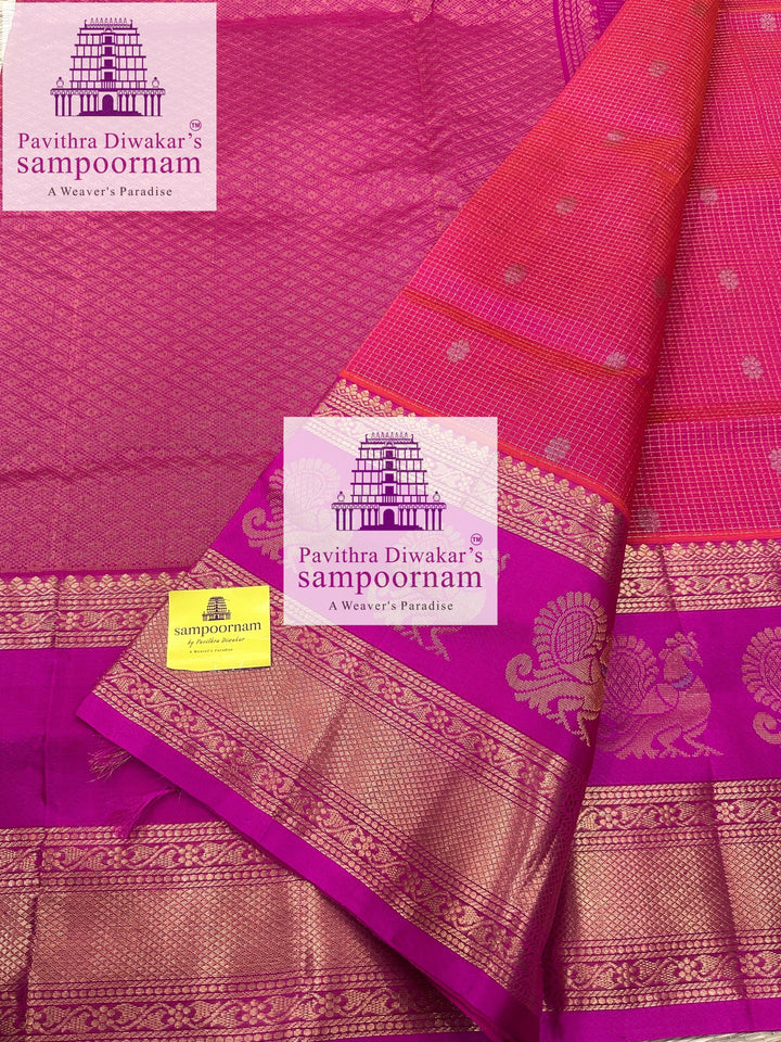 Dark Pink with Pink Zari Podi Kattam in the body , one side big Satin border with Annam motif , traditional border and rich Pallu Korvai Silk Cotton Saree