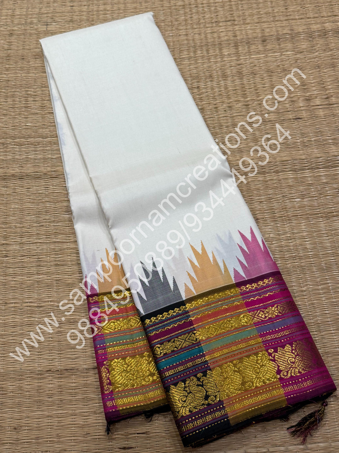 Offwhite with Black , Triple Colour Borders with Temple Design  and Rich Pallu  Pure Kanjivaram Silk Saree