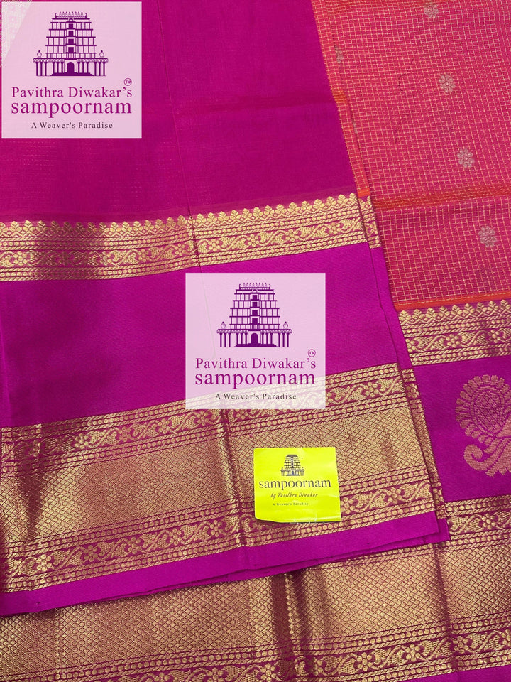 Dark Pink with Pink Zari Podi Kattam in the body , one side big Satin border with Annam motif , traditional border and rich Pallu Korvai Silk Cotton Saree
