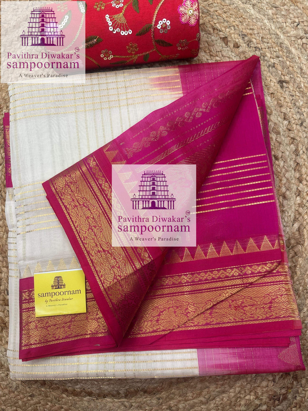 White with Pink , Zari lines in the body ,traditional borders and rich  Pallu Korvai Silk Cotton Saree