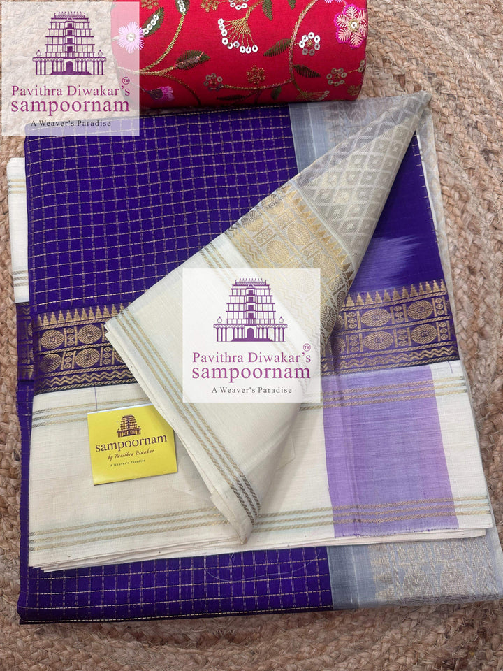 Purple with Offwhite  ,rettapet  Zari checks in the body and grand Pallu Korvai Silk Cotton Saree