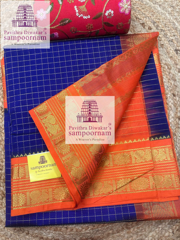 Blue with Orange , Zari Kattam in the body , rettapet border and rich  Pallu Korvai Silk Cotton Saree