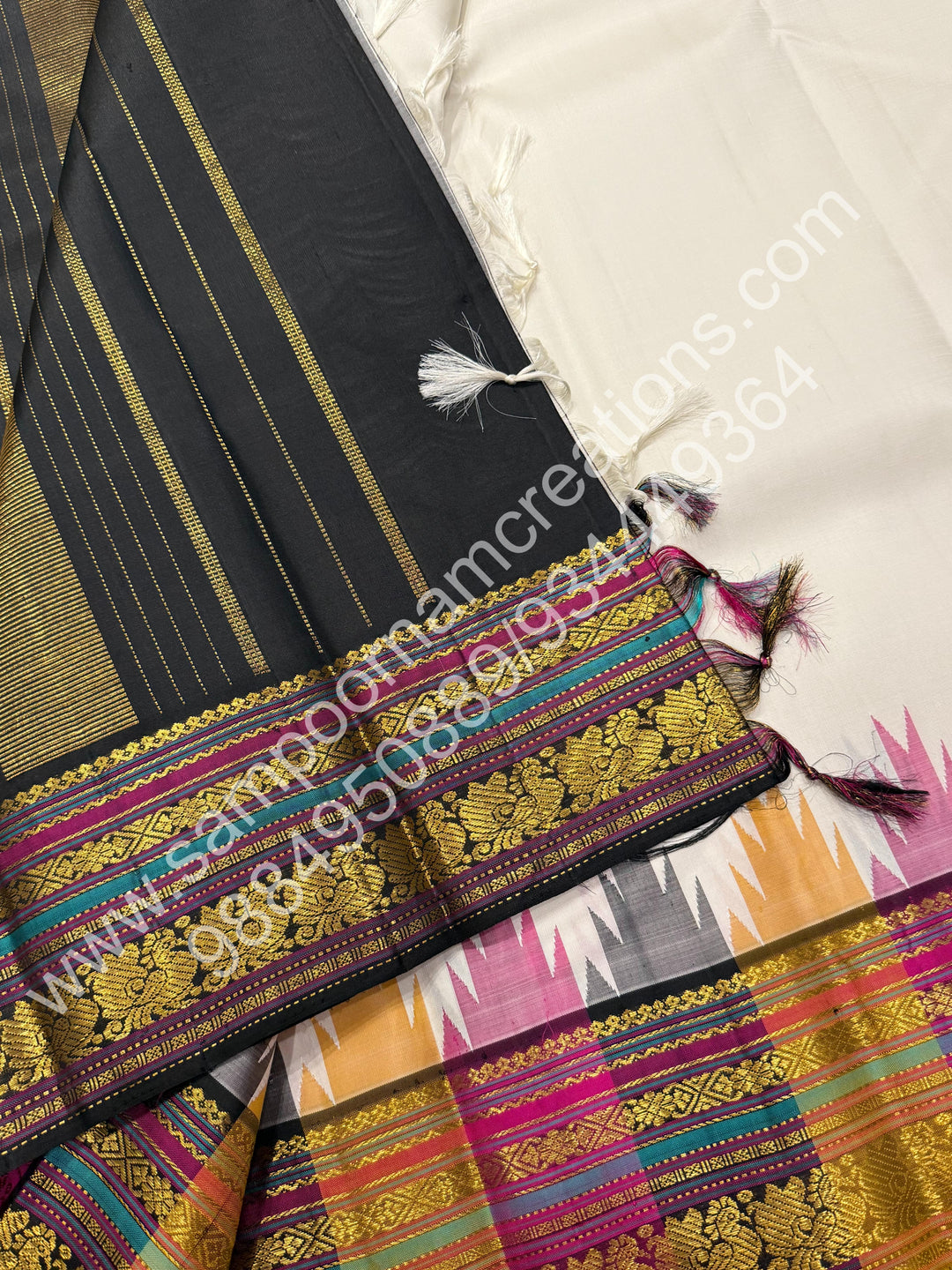 Offwhite with Black , Triple Colour Borders with Temple Design  and Rich Pallu  Pure Kanjivaram Silk Saree