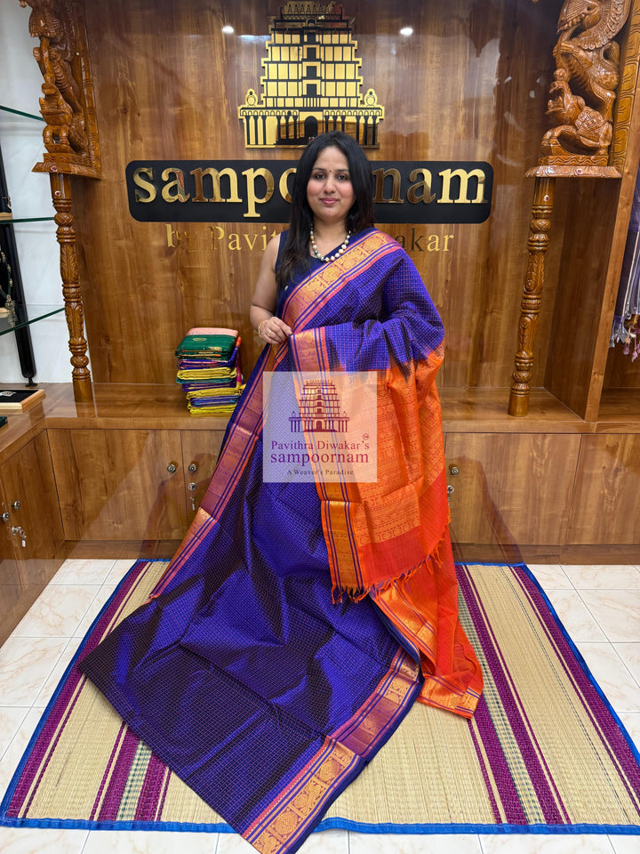 Blue with Orange, , Lakshadeepam butta in the body , traditional borders and rich Pallu Lakshadeepam Silk Cotton Saree