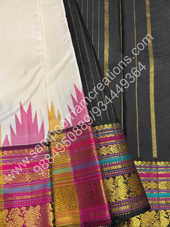 Offwhite with Black , Triple Colour Borders with Temple Design  and Rich Pallu  Pure Kanjivaram Silk Saree