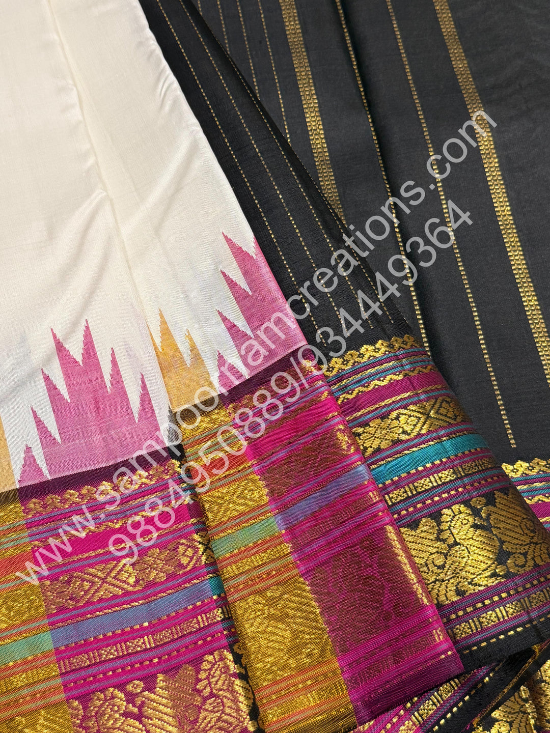 Offwhite with Black , Triple Colour Borders with Temple Design  and Rich Pallu  Pure Kanjivaram Silk Saree