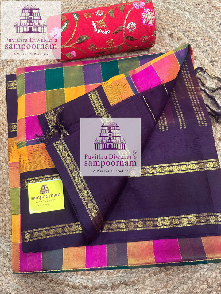 Multi colour with Dark Brown ,rettapet Rudraksh border and grand Pallu Korvai Silk Cotton Saree
