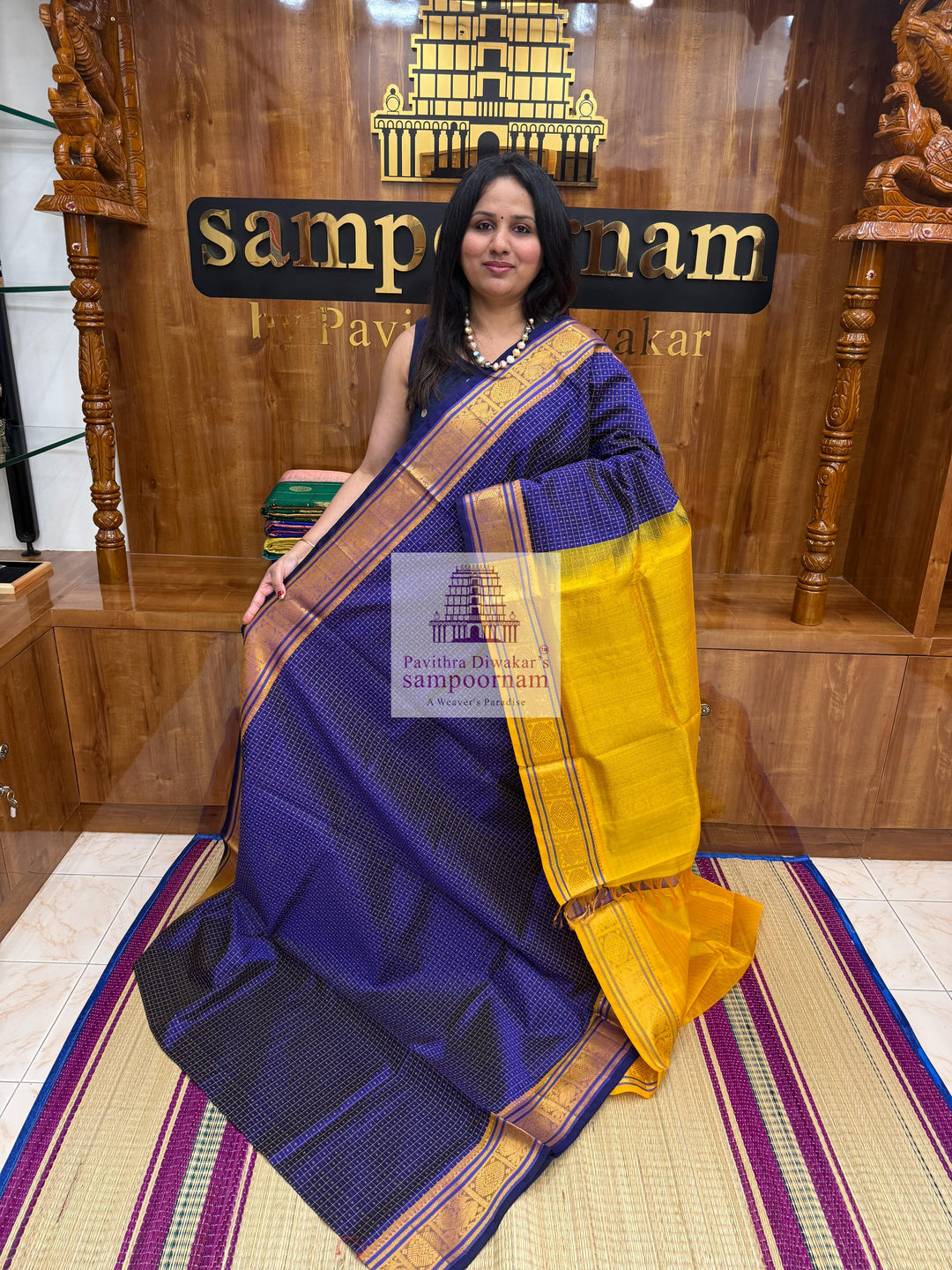 Blue with yellow , Lakshadeepam butta in the body , traditional borders and rich Pallu Lakshadeepam Silk Cotton Saree