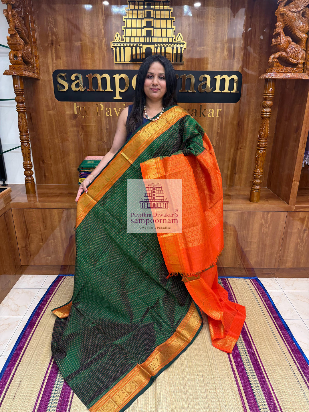 Green with Orange,  , Lakshadeepam butta in the body , traditional borders and rich Pallu Lakshadeepam Silk Cotton Saree