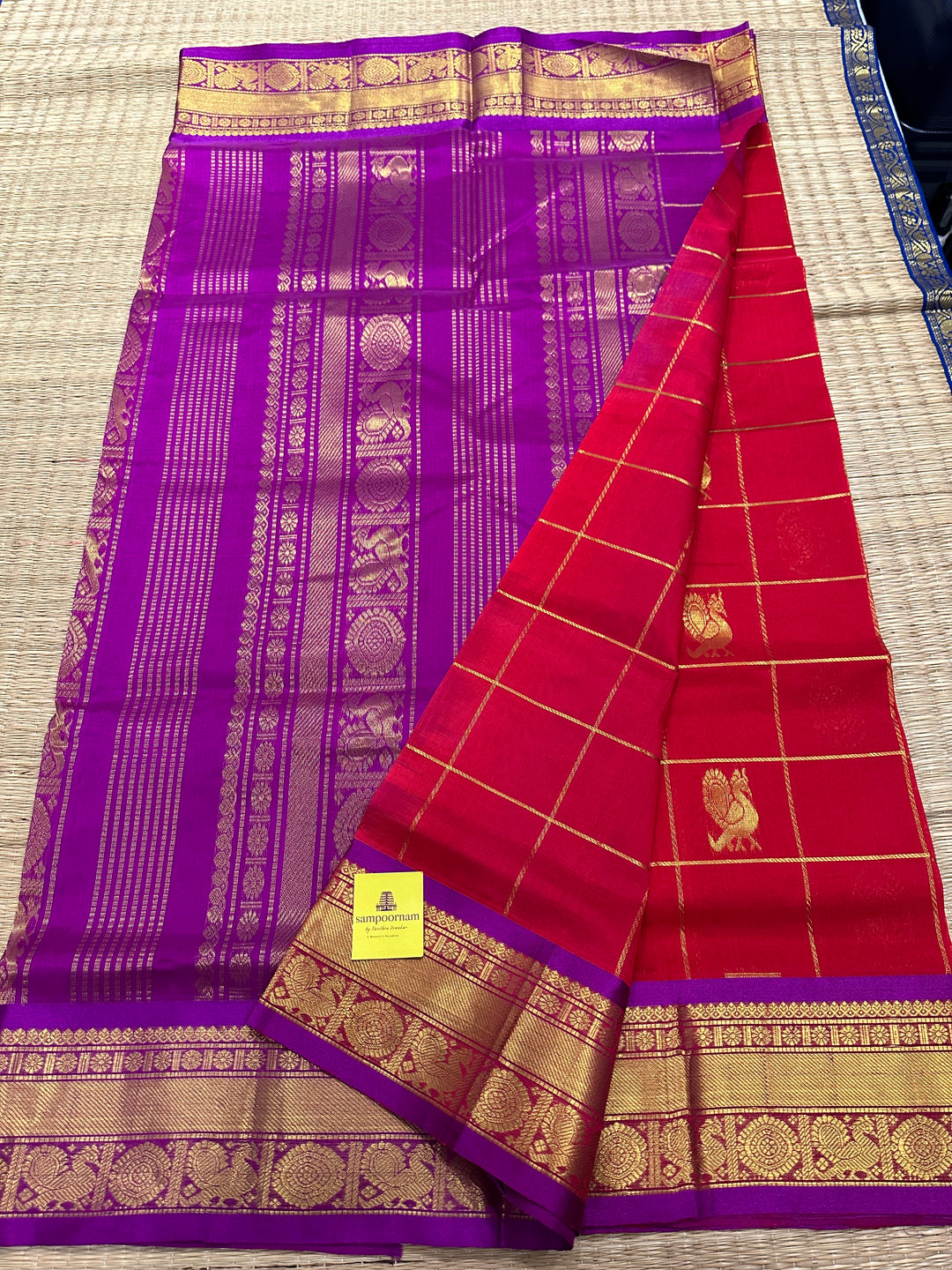 Red with Purple Mayil Chakram Silk Cotton Saree