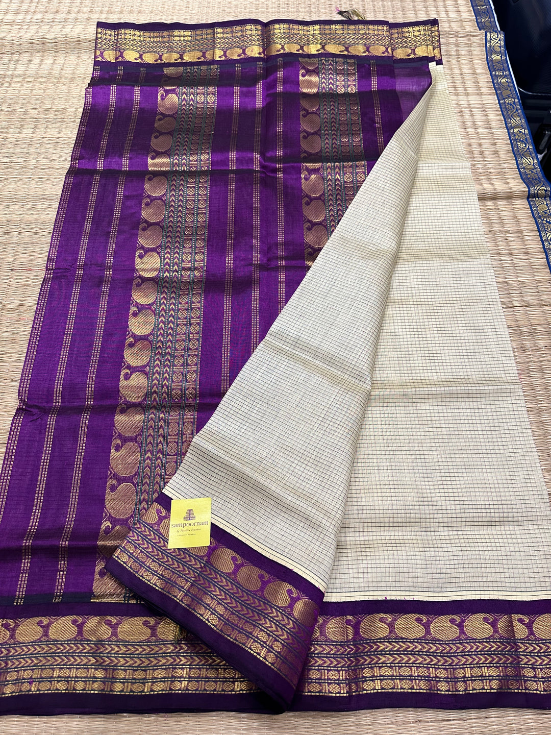 Offwhite with Purple Body Podi Kattam, Rich Pallu Korvai Silk Cotton Saree