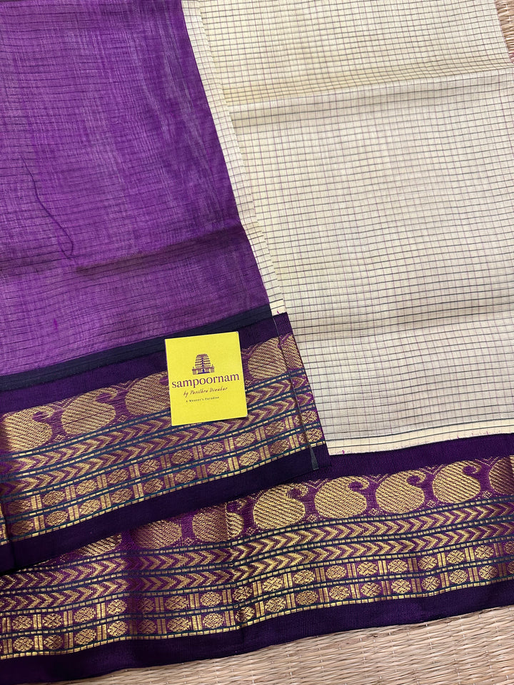 Offwhite with Purple Body Podi Kattam, Rich Pallu Korvai Silk Cotton Saree